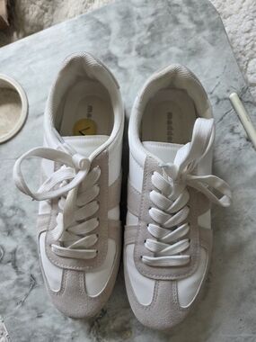 Madden Girl White Sneakers with Light Taupe Suede Accents